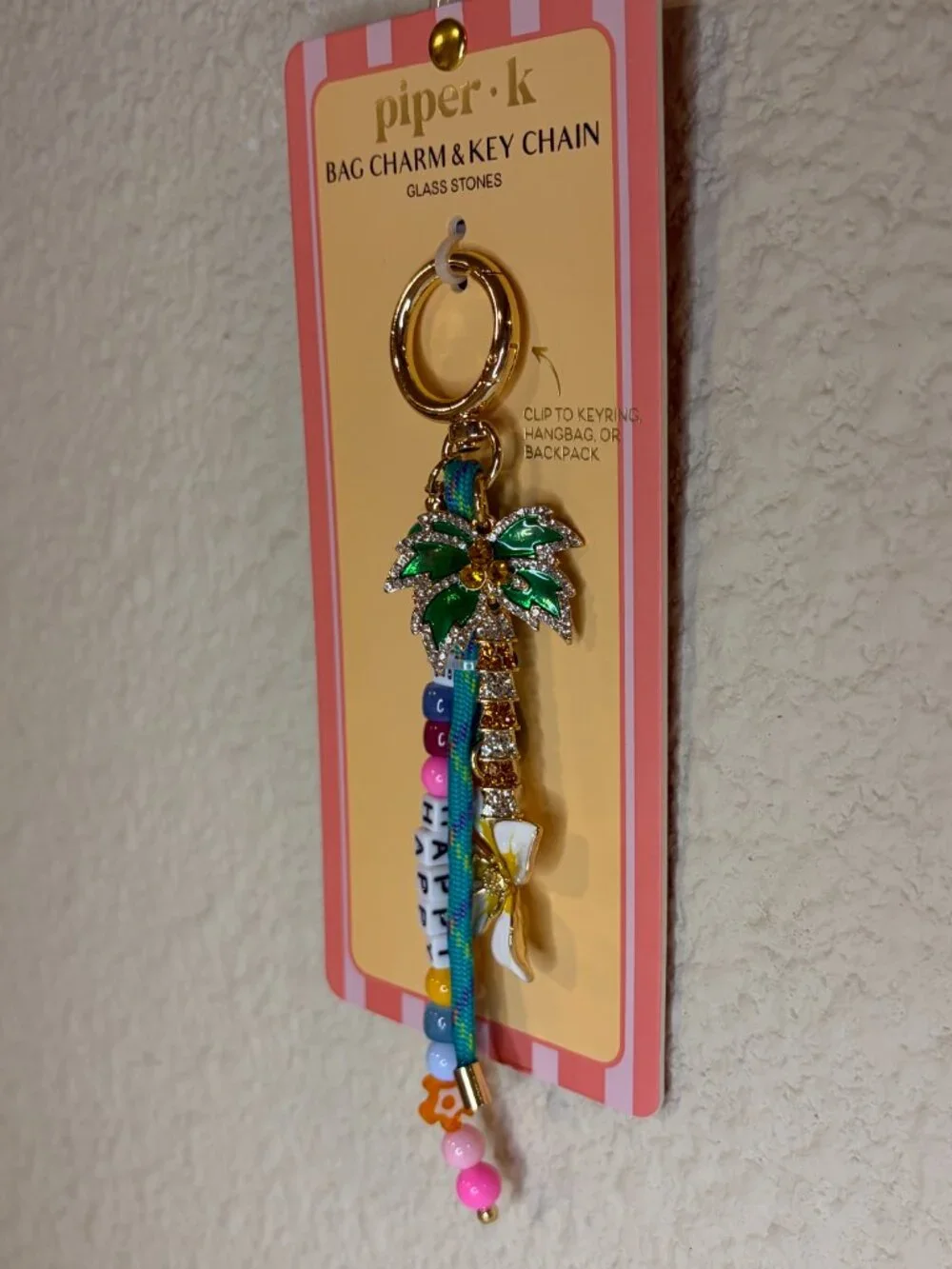 Piper K Tropical Palm Tree Be Happy Bag Charm Keychain NWT